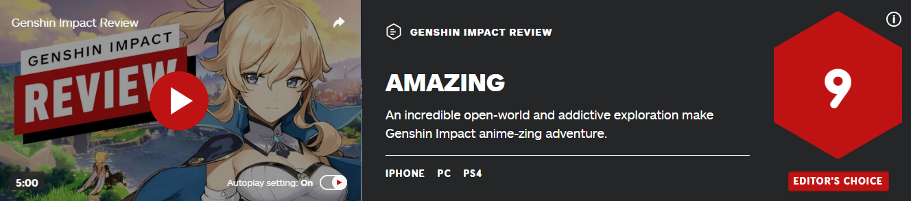 《原神》获高分 战斗非常出色