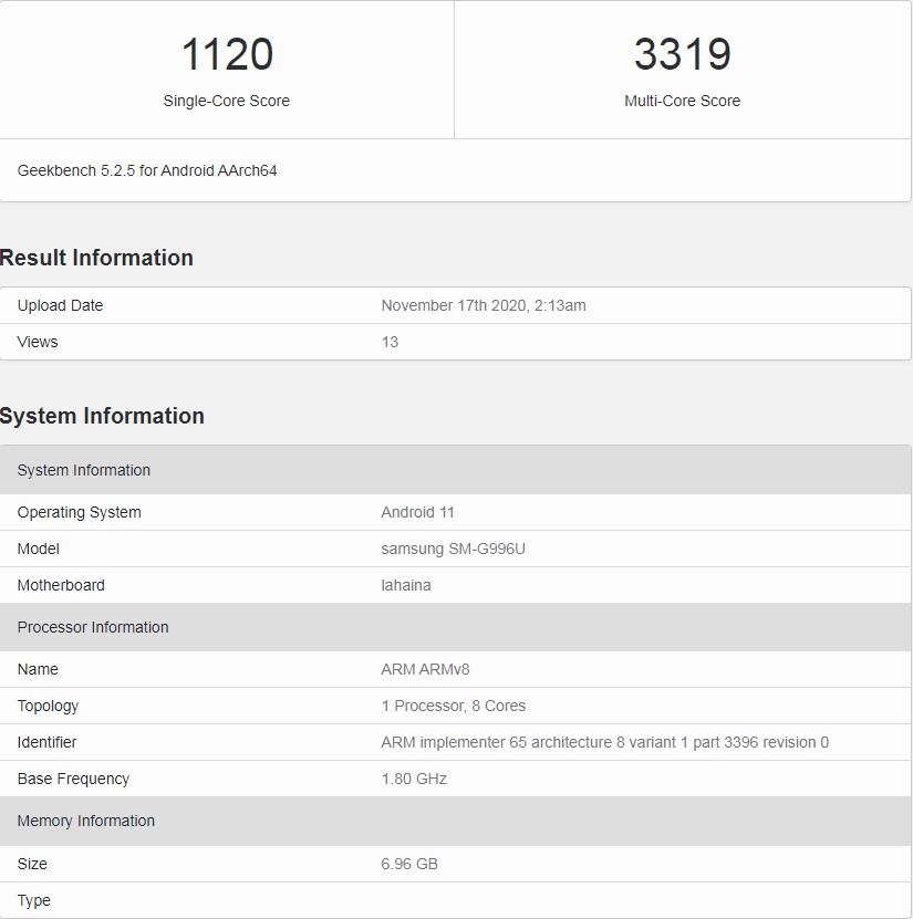 三星S21+骁龙875版亮相跑分网站