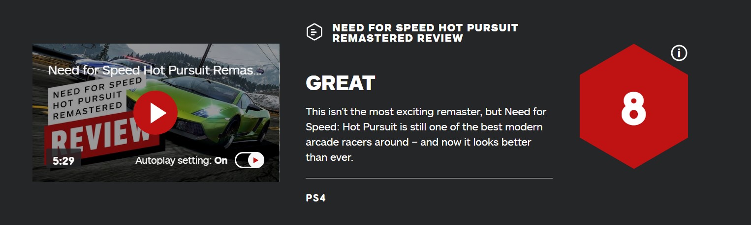 《极品飞车14：重制版》IGN 8分：很棒！