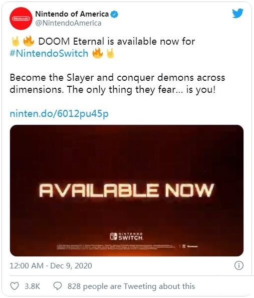 《毁灭战士：永恒》现已登陆任天堂Switch