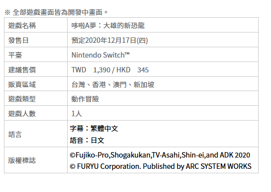 《哆啦A梦：大雄的新恐龙》12月17日推出NS繁中版