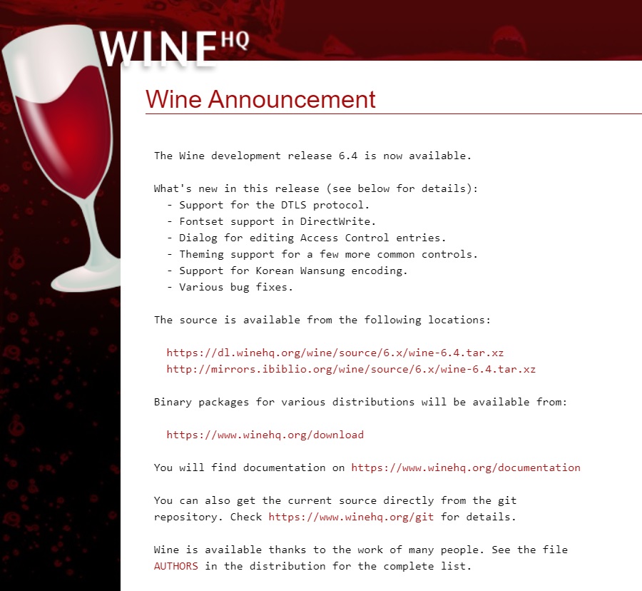 Wine 发布 6.4 开发版 支持 DTLS 协议