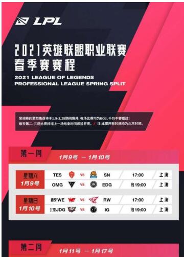 2021英雄联盟职业联赛 LPL春季赛赛程时间表上线