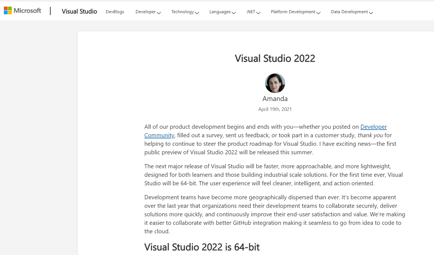 64 位微软 Visual Studio 2022 预览版夏季发布