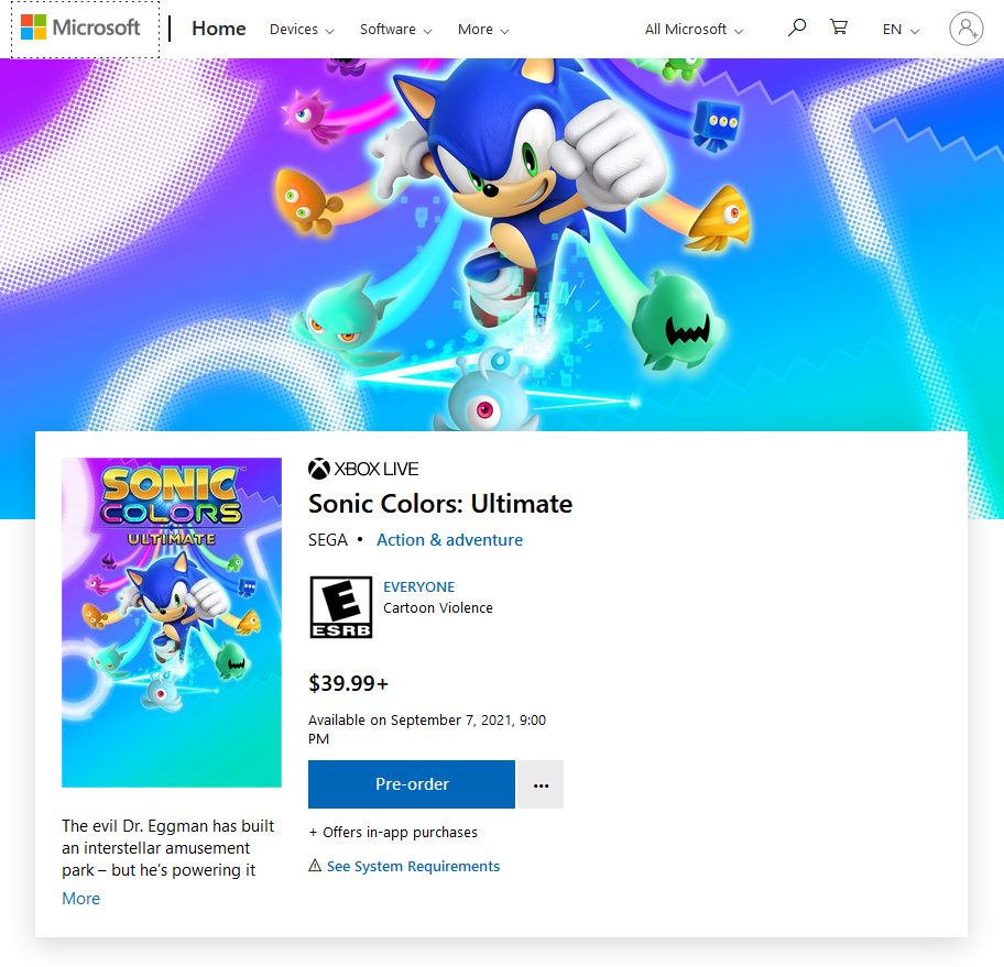 《索尼克：色彩终极版》全平台开启预购 Epic国区售价249元