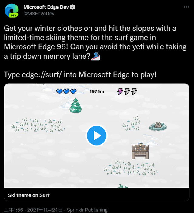 Edge浏览器最新小游戏主题：“冲浪”小游戏“滑雪”主题
