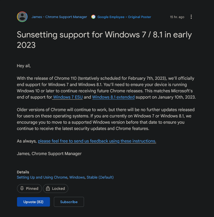谷歌浏览器将于明年停止支持Windows 7